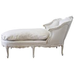 19th Century French Louis XV Style Painted Linen Upholstered Chaise Lounge