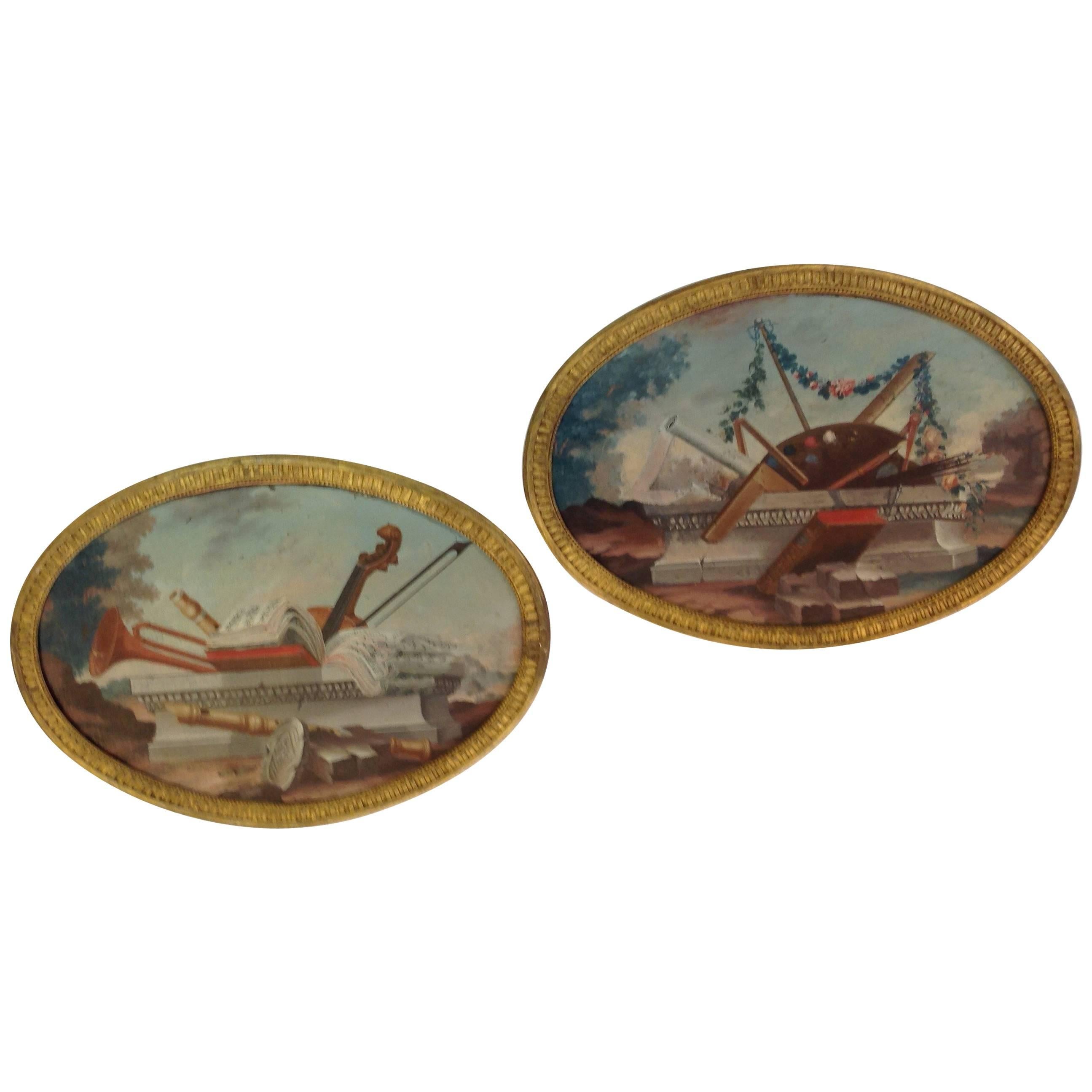 Pair of French Oval Oil Paintings Art and Music, 19th Century