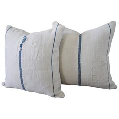 Antique Pair of Nubby Patchwork Grain Sack Pillows with Indigo Stripes