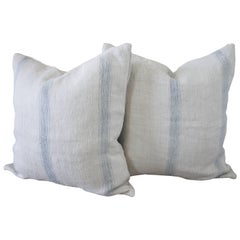 Pair of 19th Century Antique Linen Grain Pillows with Swedish Blue Stripes