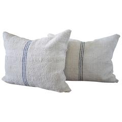 Pair of Rustic Antique European Grain Sack Linen Pillows