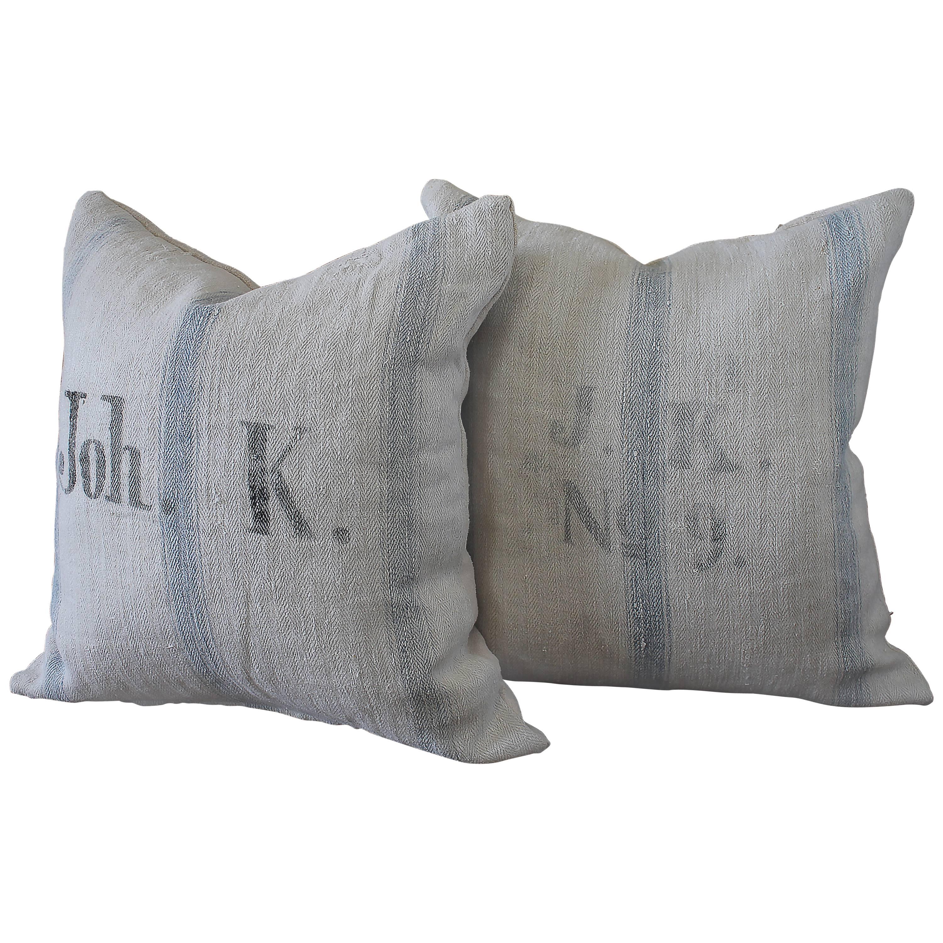 Pair of 19th Century Antique Linen Grain Pillows with Monograms