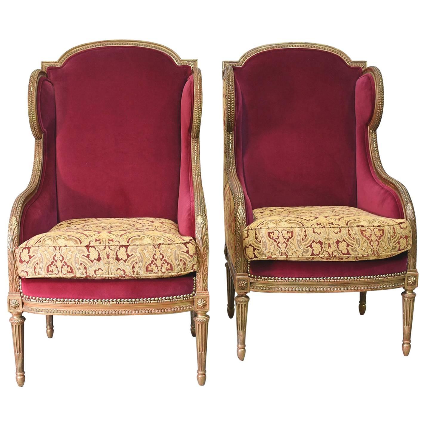 Pair of French 19th Century Louis XVI Style Bergeres or Wingback Chairs