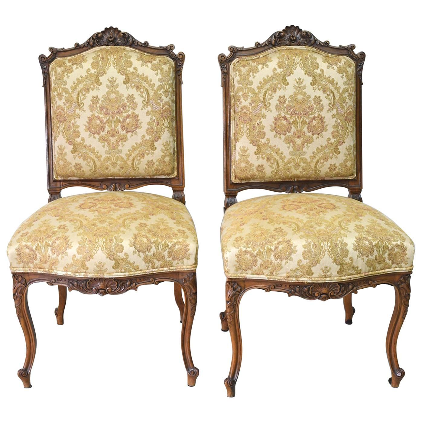 Pair of 19th Century French Louis XV Style Carved Walnut Chairs with Upholstery