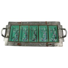 Antique Chinese Pewter Enameled Inset Jade Handled Tray