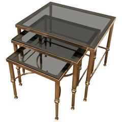 Set of Three Brass Nesting Tables with Gray Glass
