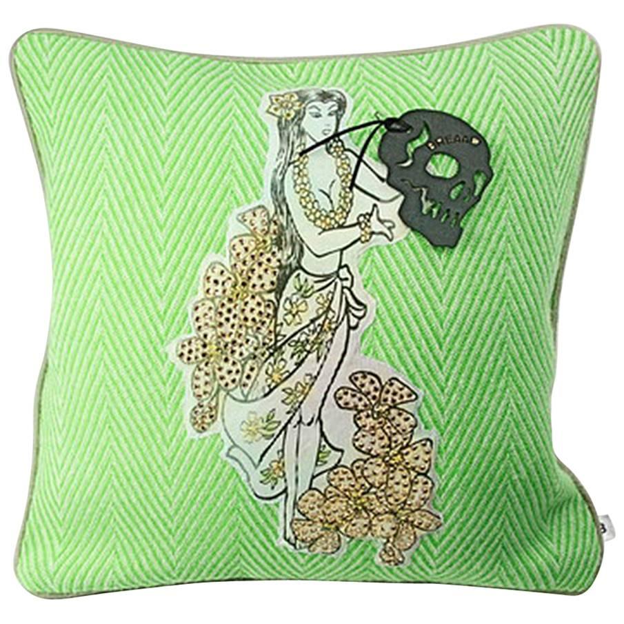 Unique Handmade Bohemian Green Crystal Cushion "Island" For Sale