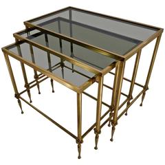 Maison Jansen Large Nesting Tables, Brass and Green Glass, circa 1950s, French