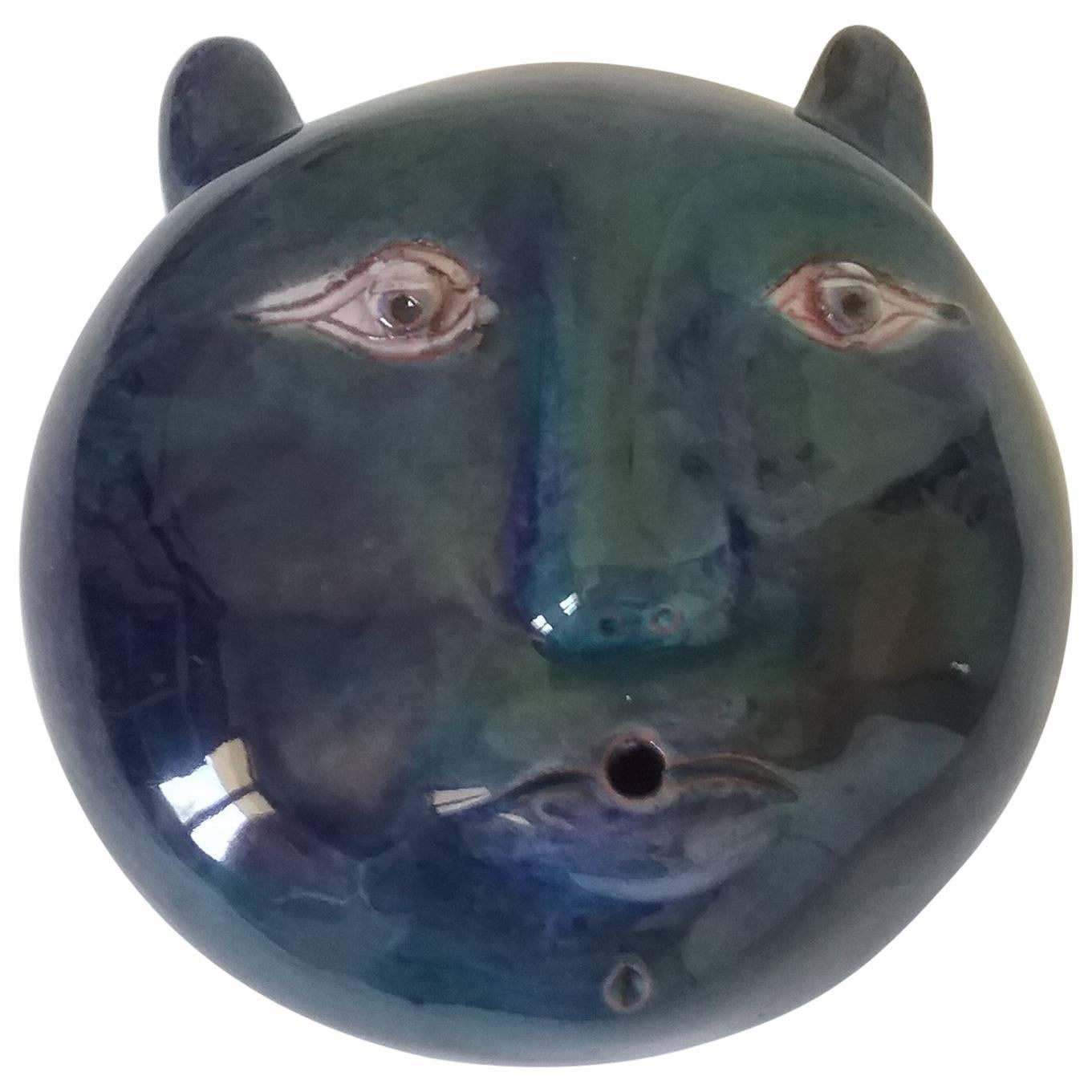 Robert et Jean Cloutier Blue Ceramic Sculpture Cat's Head, Signed, circa 1960 For Sale