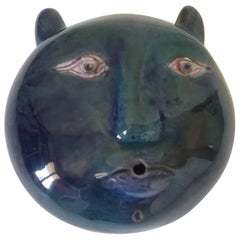 Vintage Robert et Jean Cloutier Blue Ceramic Sculpture Cat's Head, Signed, circa 1960