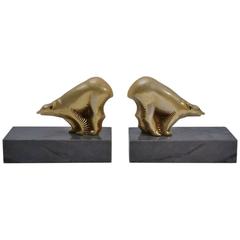 Art Deco Bear Pair of Bookends, Gilt Metal and Marble, circa 1930s, French