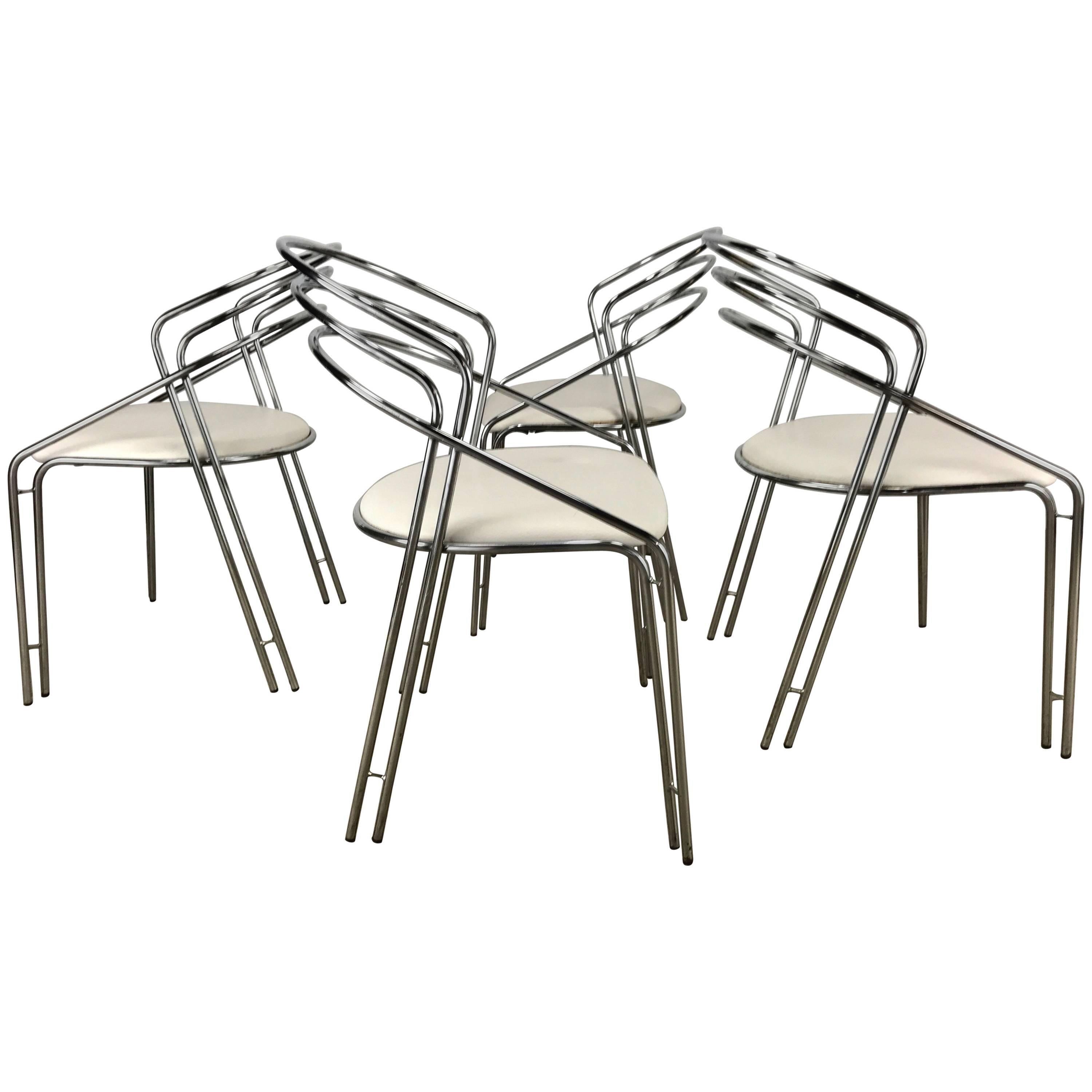 Set of Four Postmodern Chrome /White Italian Arm /Dining Chairs, Made in Italy