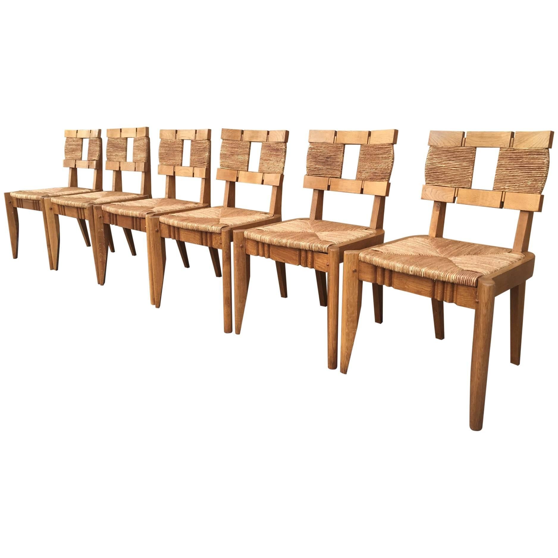 Guillerme et Chambon Very Rarest Set of 6 Oak and Rush Chairs Fully Restored