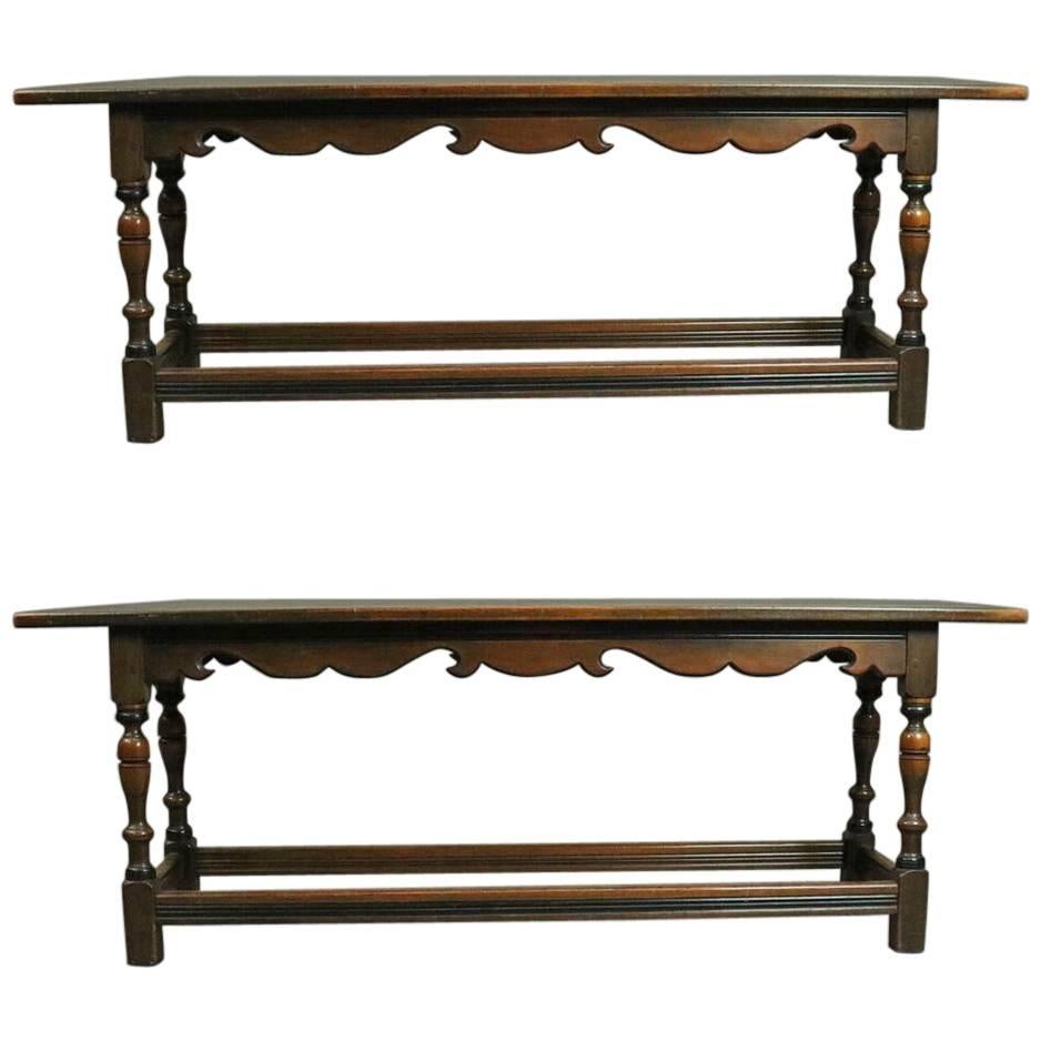 Pair Antique Kittinger Walnut Long Benches with Cushions, circa 1930