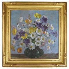 Antique Oil on Canvas Floral Still Life by Carl Lawless, Gold Frame Signed, circa 1929