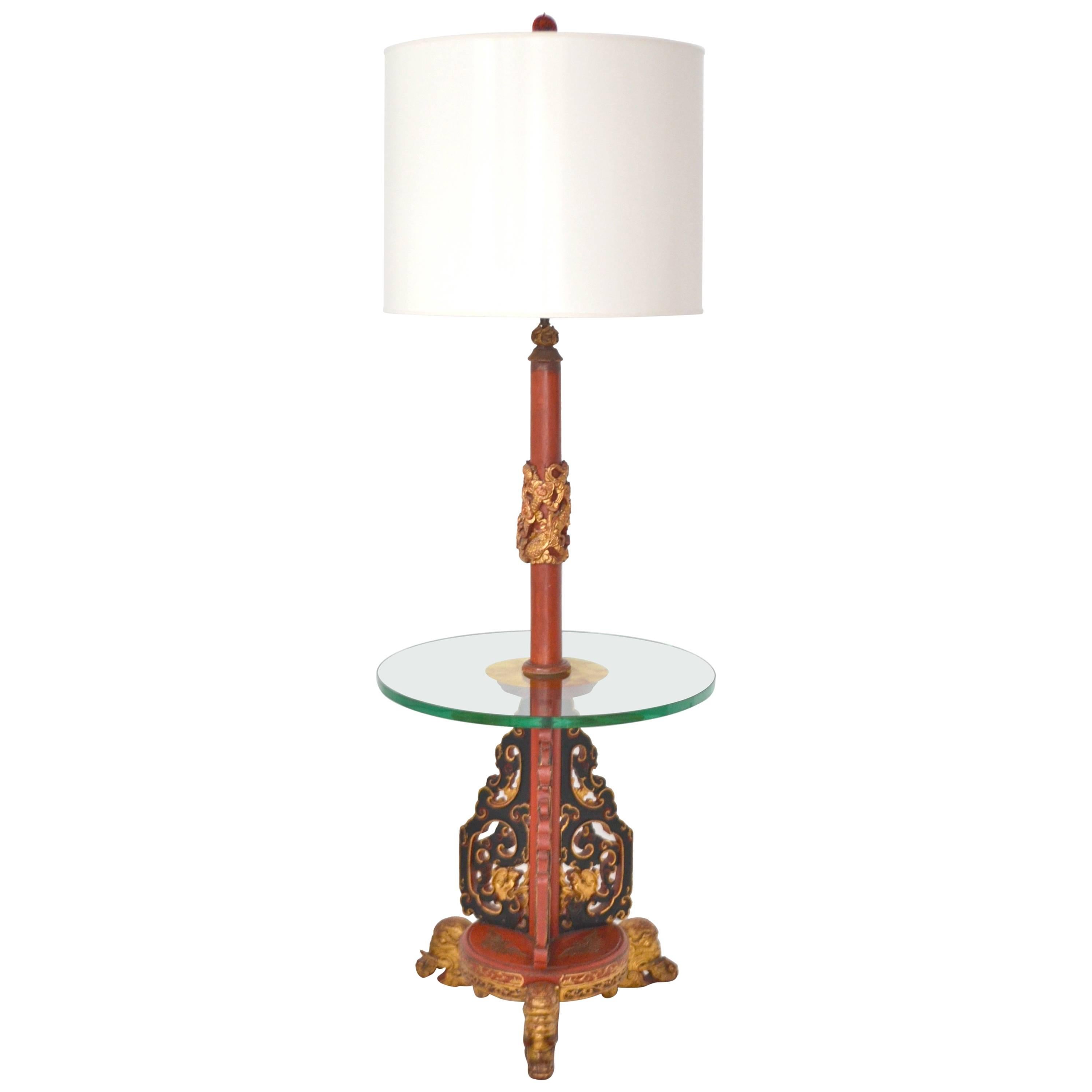 Hollywood Regency Asian Carved Wood Floor Lamp For Sale