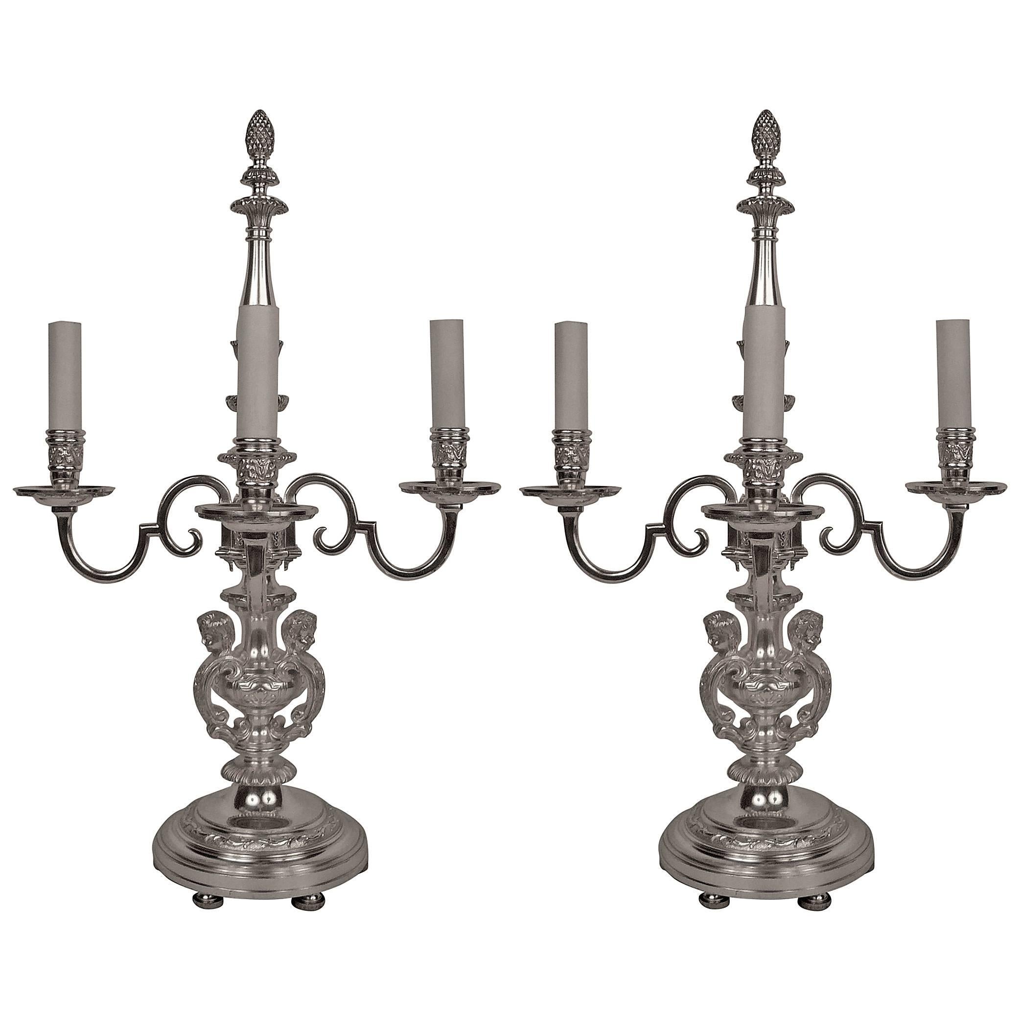 Pair of E. F. Caldwell Silvered Bronze Candelabra Form Lamps 