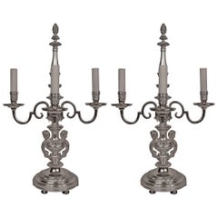 Pair of E. F. Caldwell Silvered Bronze Candelabra Form Lamps 