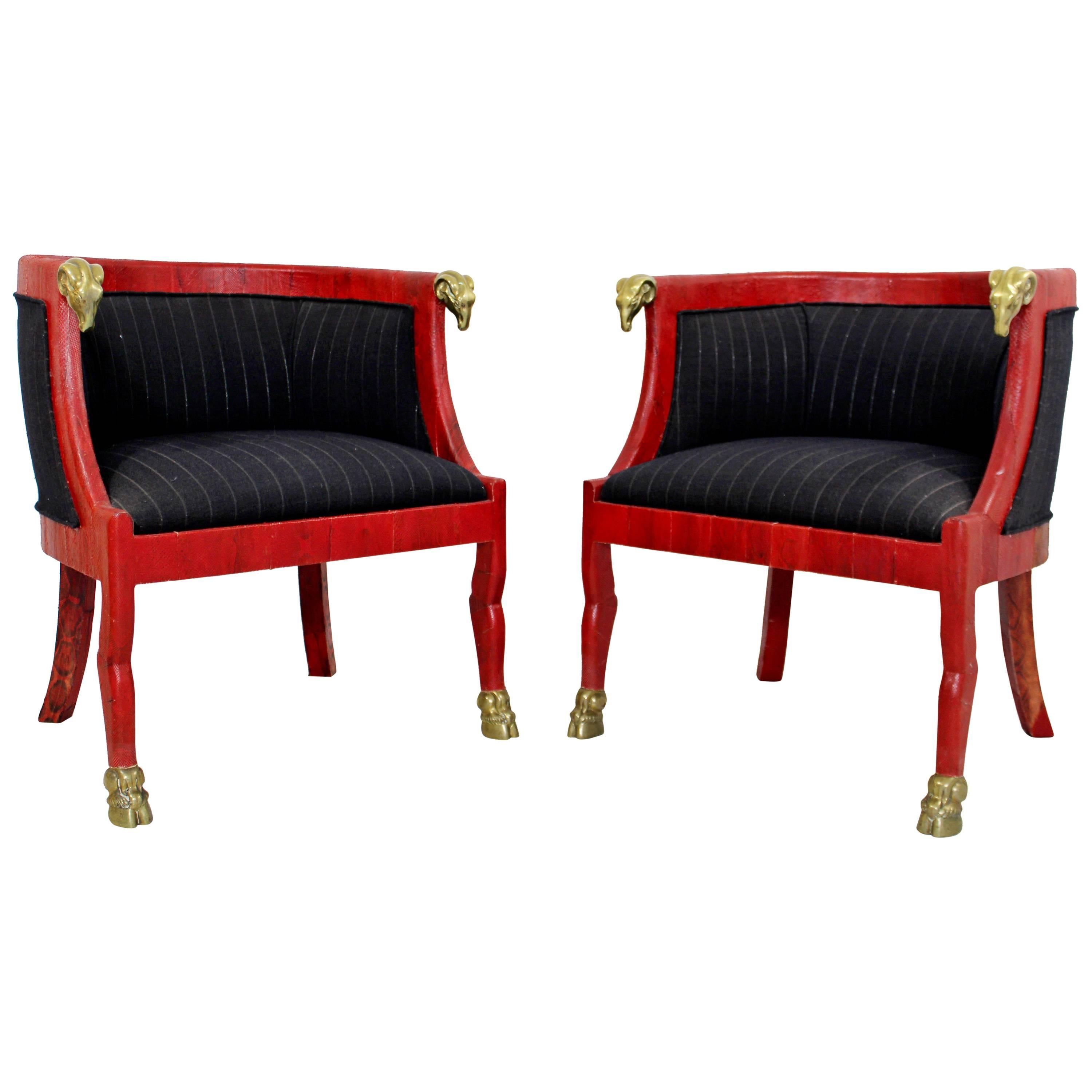 Hollywood Regency Pair of Red Goatskin Barrel Chairs
