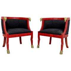 Hollywood Regency Pair of Red Goatskin Barrel Chairs