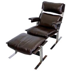 Richard Hersberger for Pace Brown Leather and Chrome Lounge Chair and Ottoman