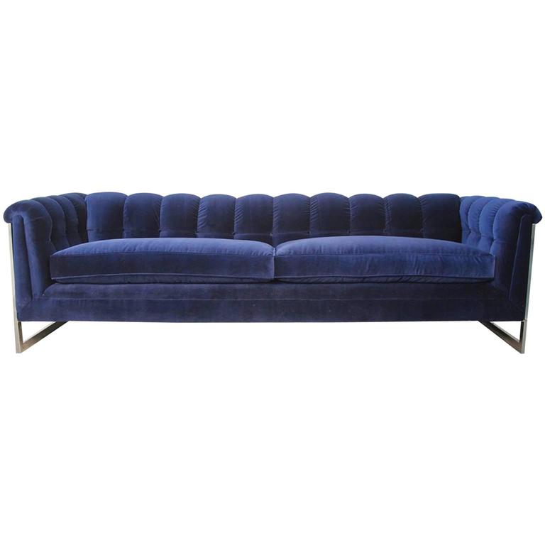 Blue velvet tufted sofa, 1970s, offered by Fairfield County Antique and Design Center