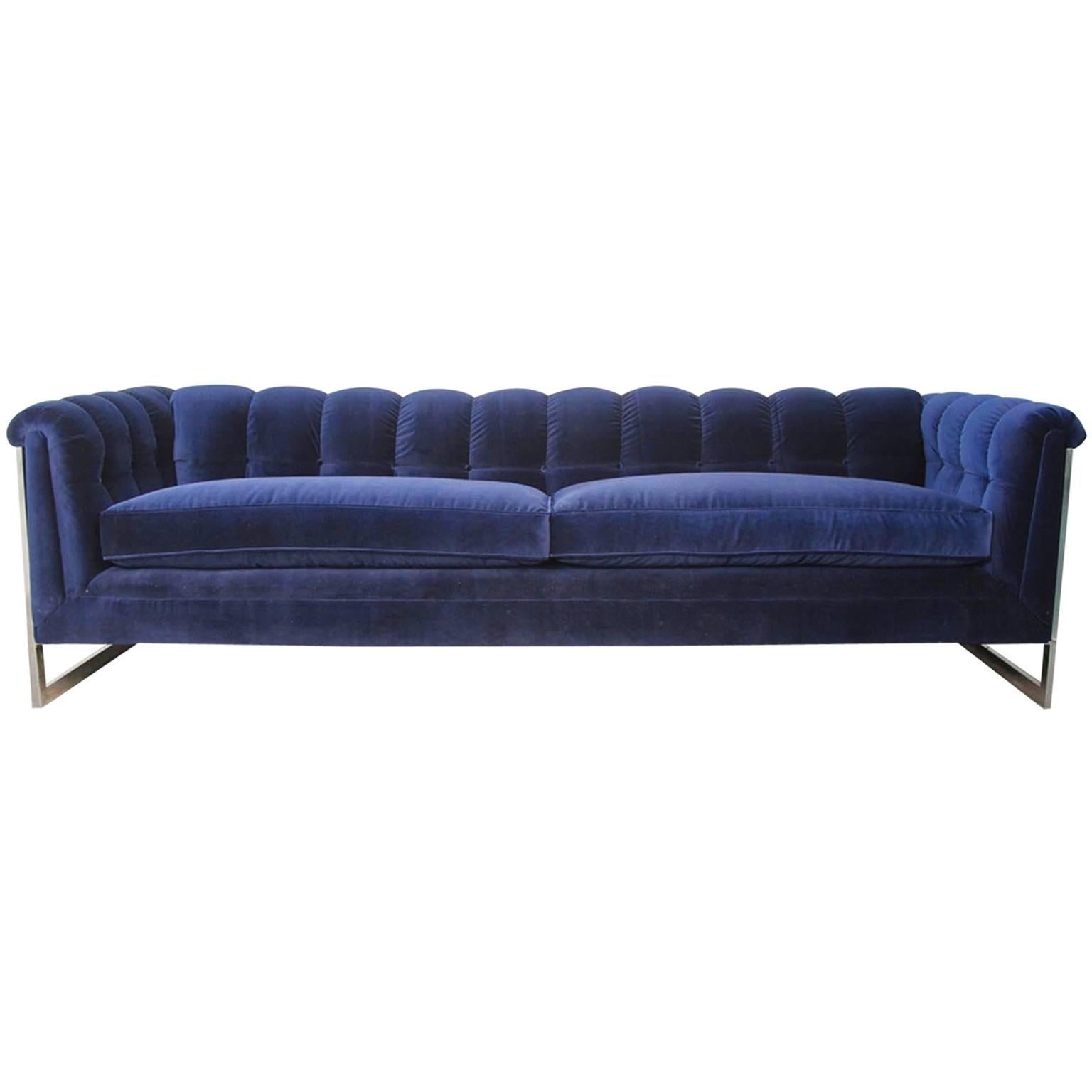 Blue Velvet Tufted Back Chrome Frame Mid-Century Modern Sofa For Sale