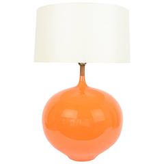 Monumental Danish Orange Glazed Ceramic Lamp with Teak Stem