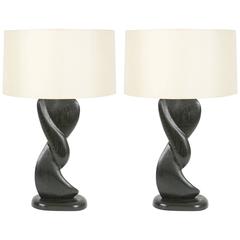 Pair of Cerused Black, Hand-Carved Lamps with Sensual Curves in French Oak