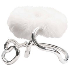 Railing Upholstered Stool Side Chair Stainless Steel with White Goat Fur