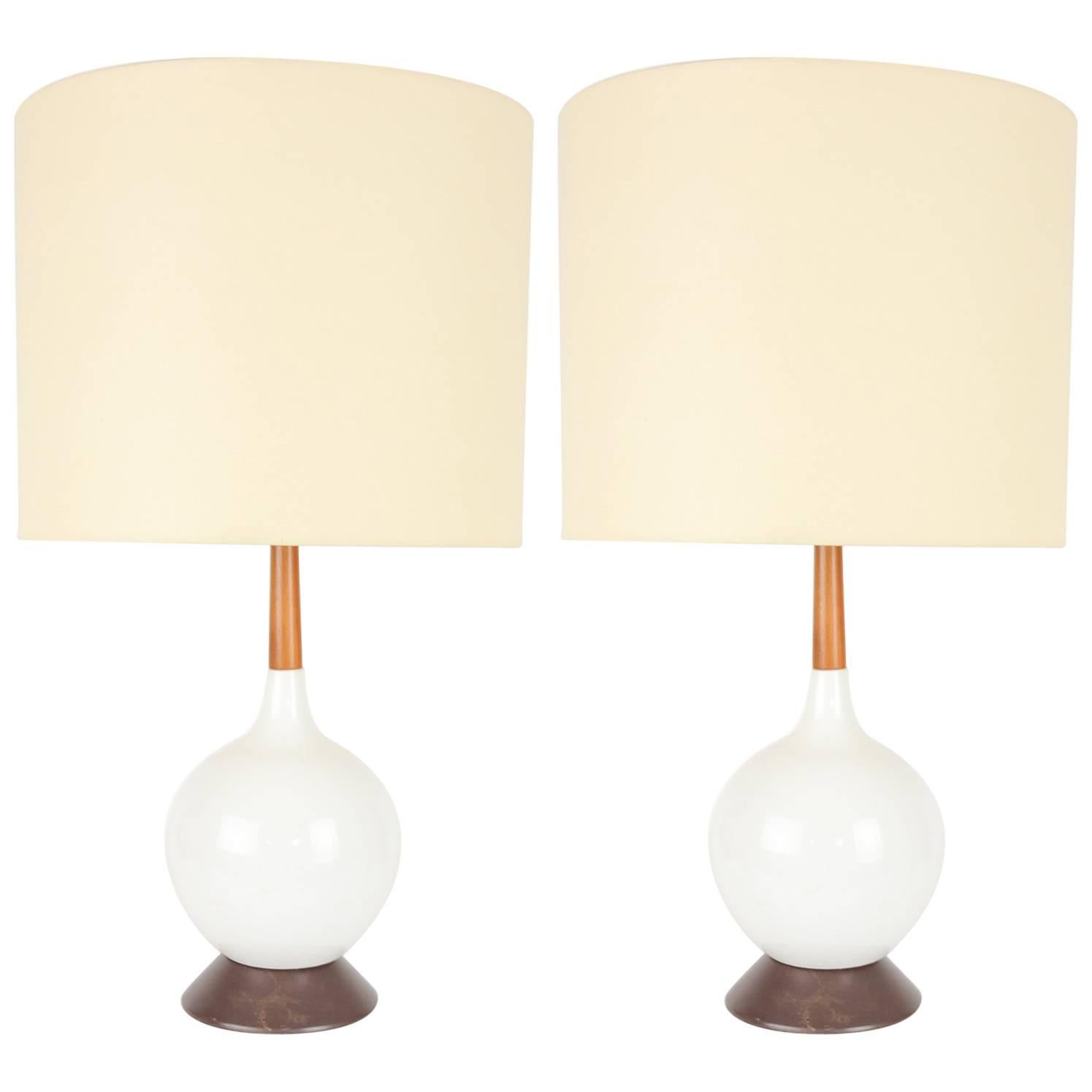 Pair of Simple and Elegant Danish Blown-Glass Lamps with Teak Stems