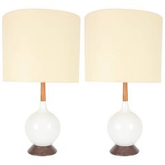 Pair of Simple and Elegant Danish Blown-Glass Lamps with Teak Stems