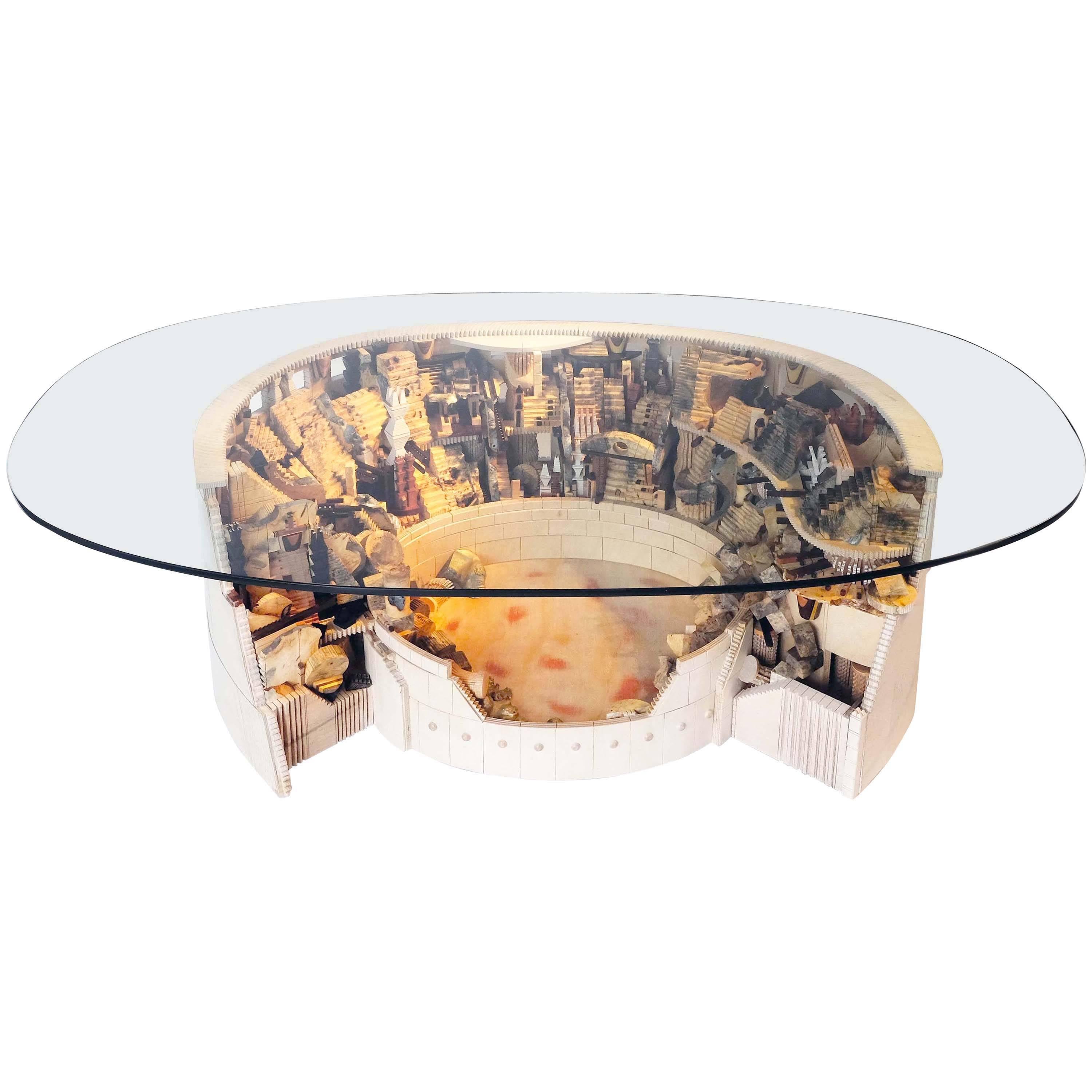 Colosseum Mix Wood Round Glass Top Coffee Table/Cocktail Table by Po Shun Leong For Sale