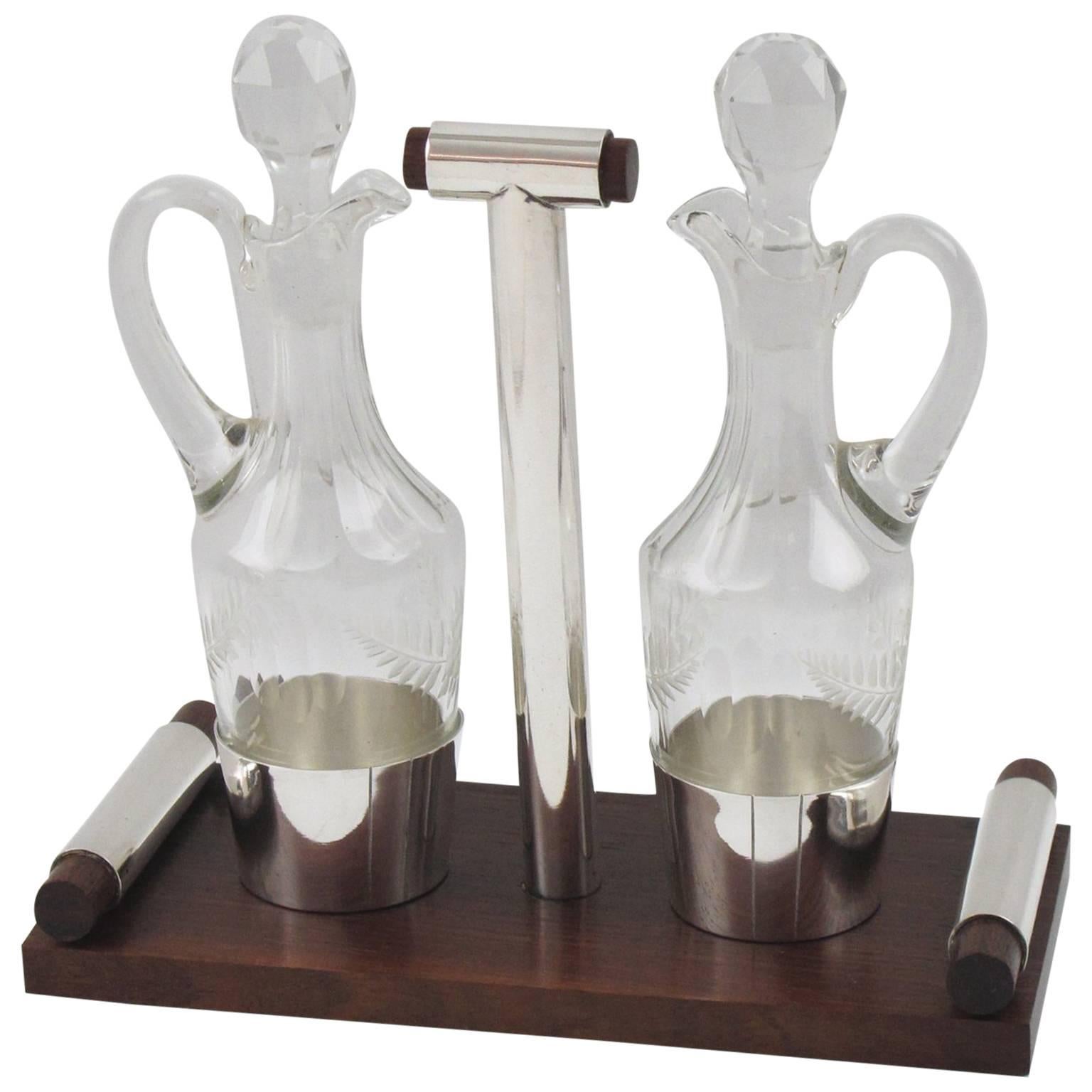 French Art Deco Macassar and Silver Plate Oil and Vinegar Cruet Table Set