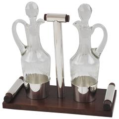 Vintage French Art Deco Macassar and Silver Plate Oil and Vinegar Cruet Table Set