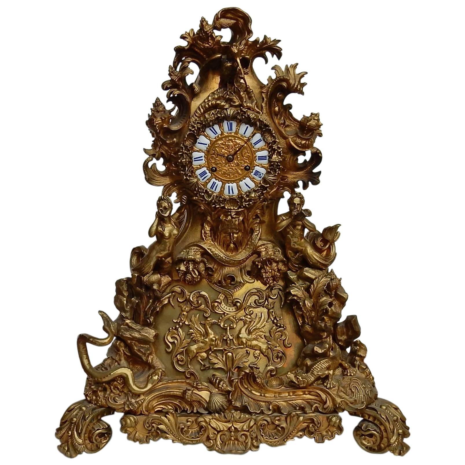 1800 Clock Bronze Rocaille by Denier in Paris "A World Aquatic" For Sale