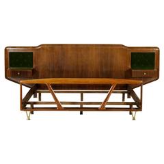 Vintage Double Bed with Hanging Nightstands Rosewood Veneer Velvet Glass Brass, 1950s