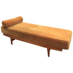 1950s Daybed in Pine, Seat and Cushion Covered with Velvet