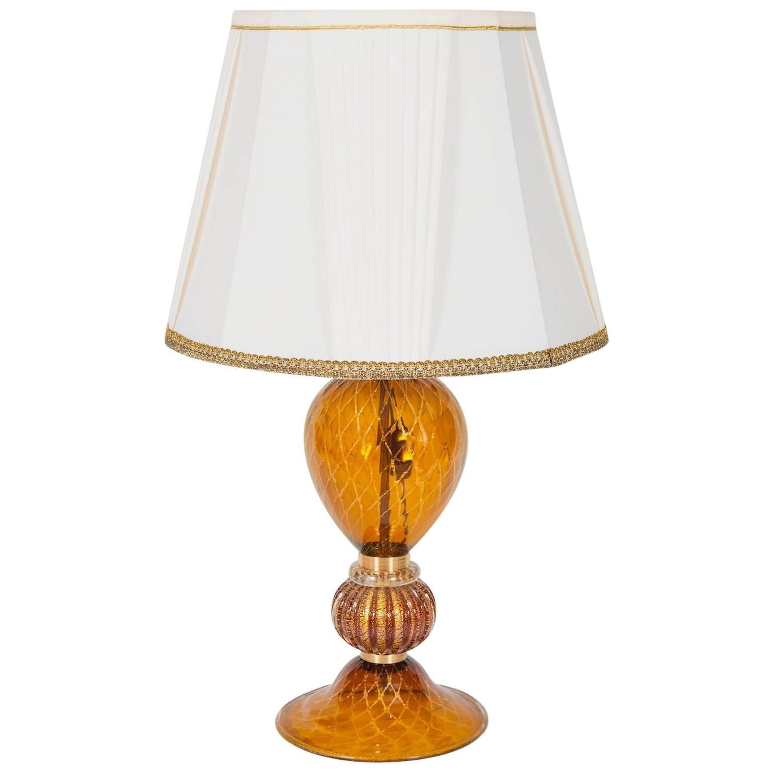 Italian Table Lamp in Blown Murano Glass Amber & 24-Karat Gold 1980s