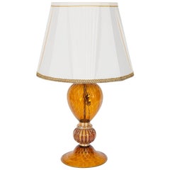 Vintage Italian Table Lamp in Blown Murano Glass Amber & 24-Karat Gold 1980s