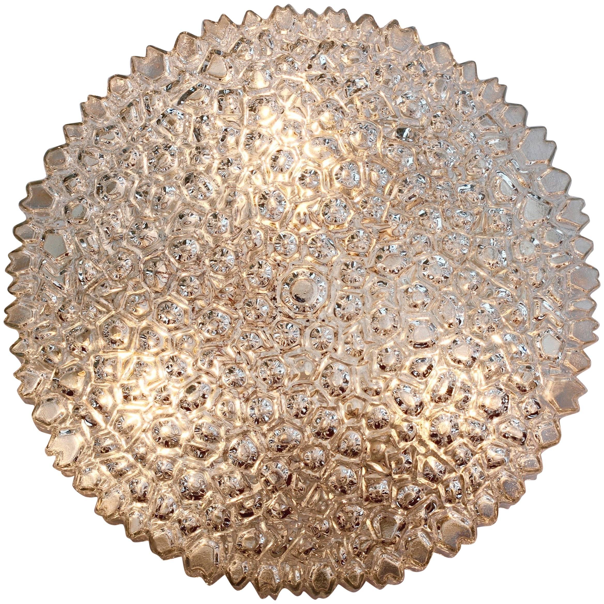 Large 1970s Organic Textured Clear Ice Crystal Glass Flush Mount by Limburg