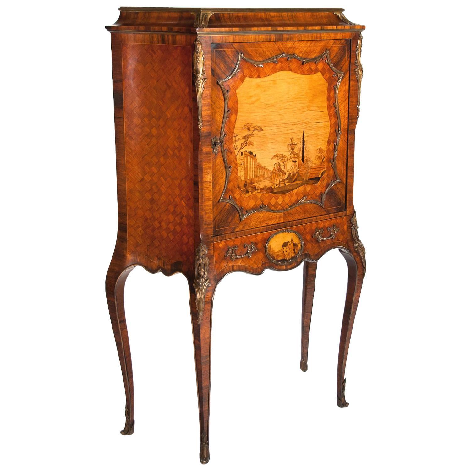 Extremely Fine Shaped 19th Century French Marble-Topped Marquetry Cabinet