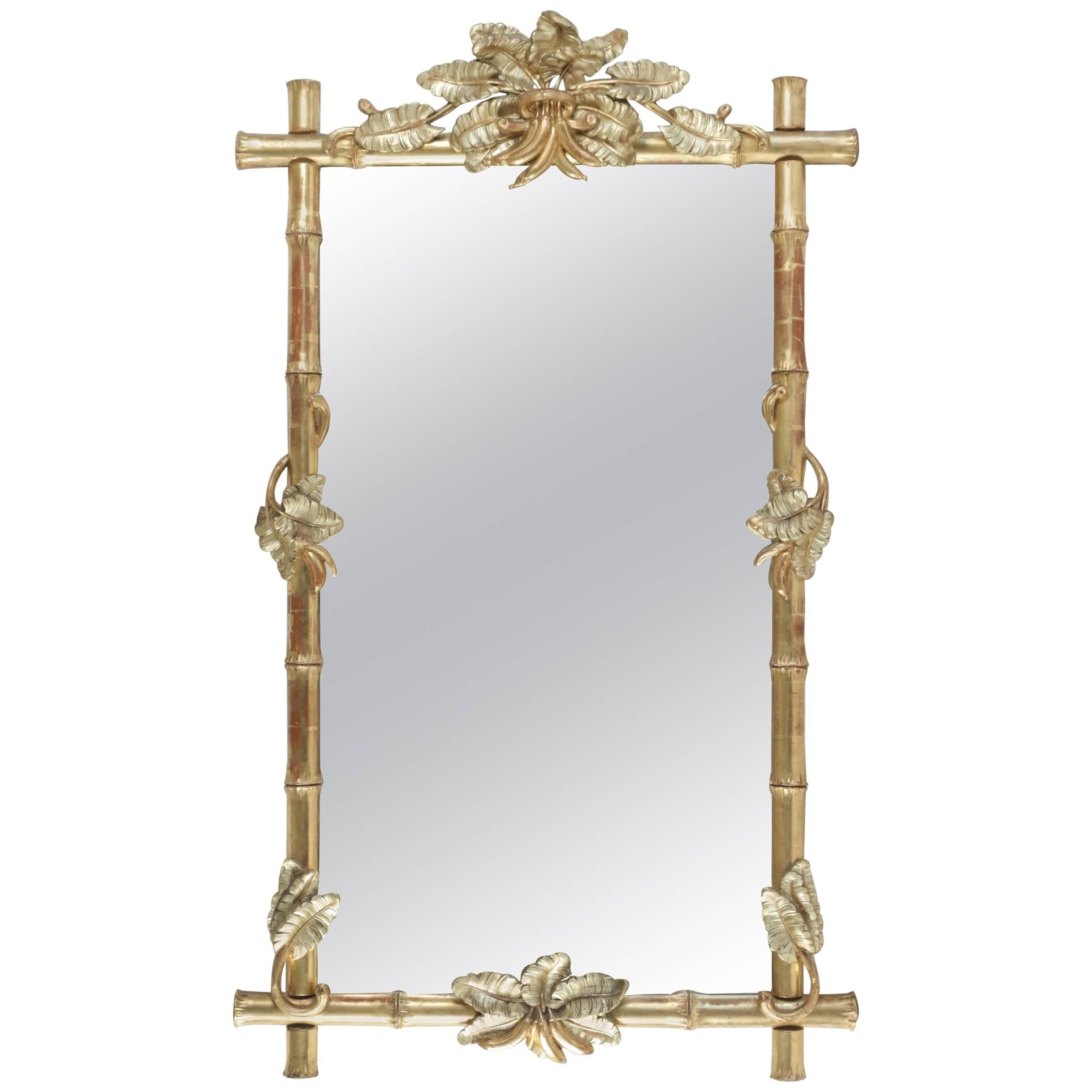 French Late 19th Century Bamboo Hand-Carved Giltwood Mirror, circa 1880