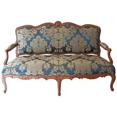 Antique Louis XV Period Carved Beech Sofa or Canapé Upholstered in Teal Silk, circa 1750