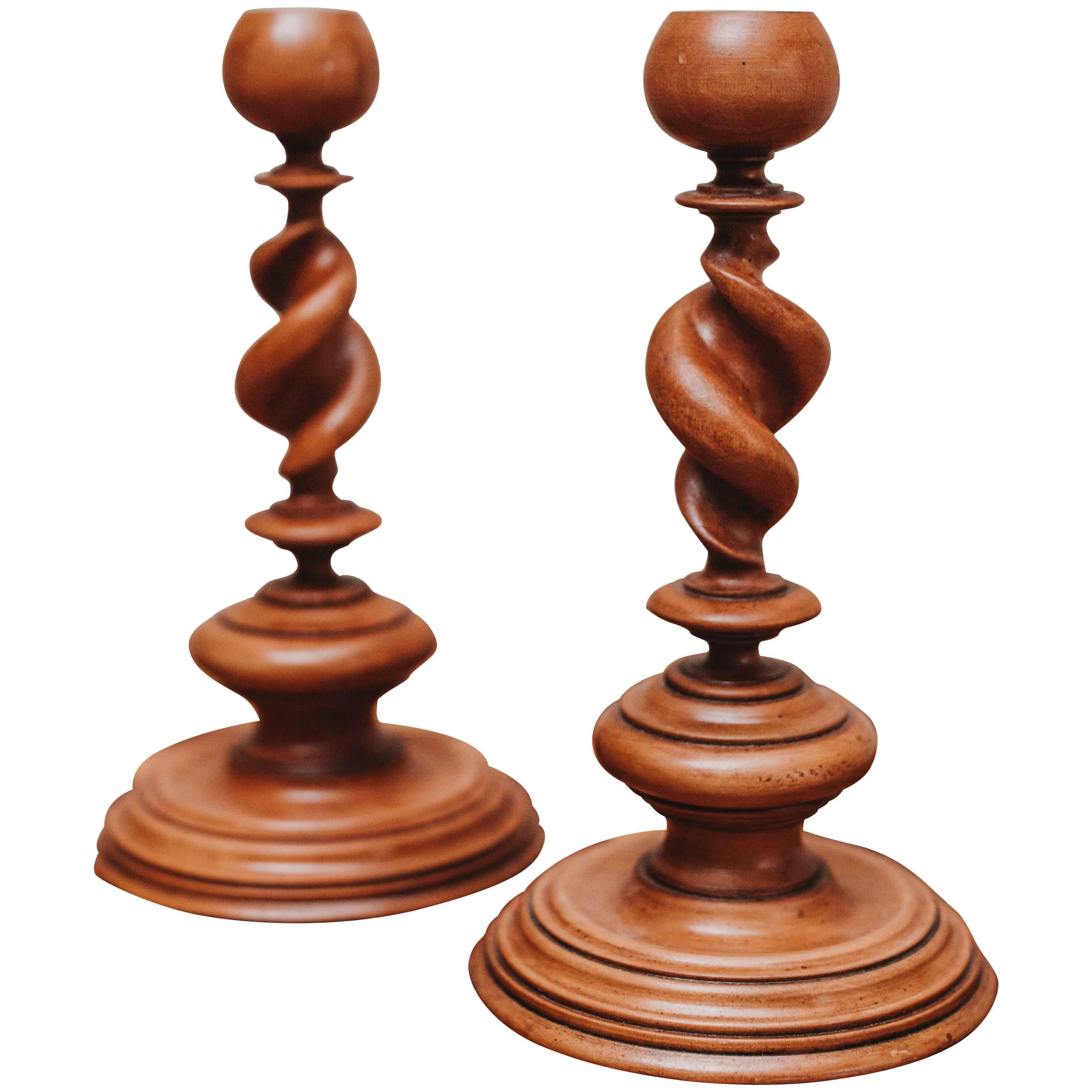 19th Century Palmwood Pair of Twisted Candlesticks For Sale