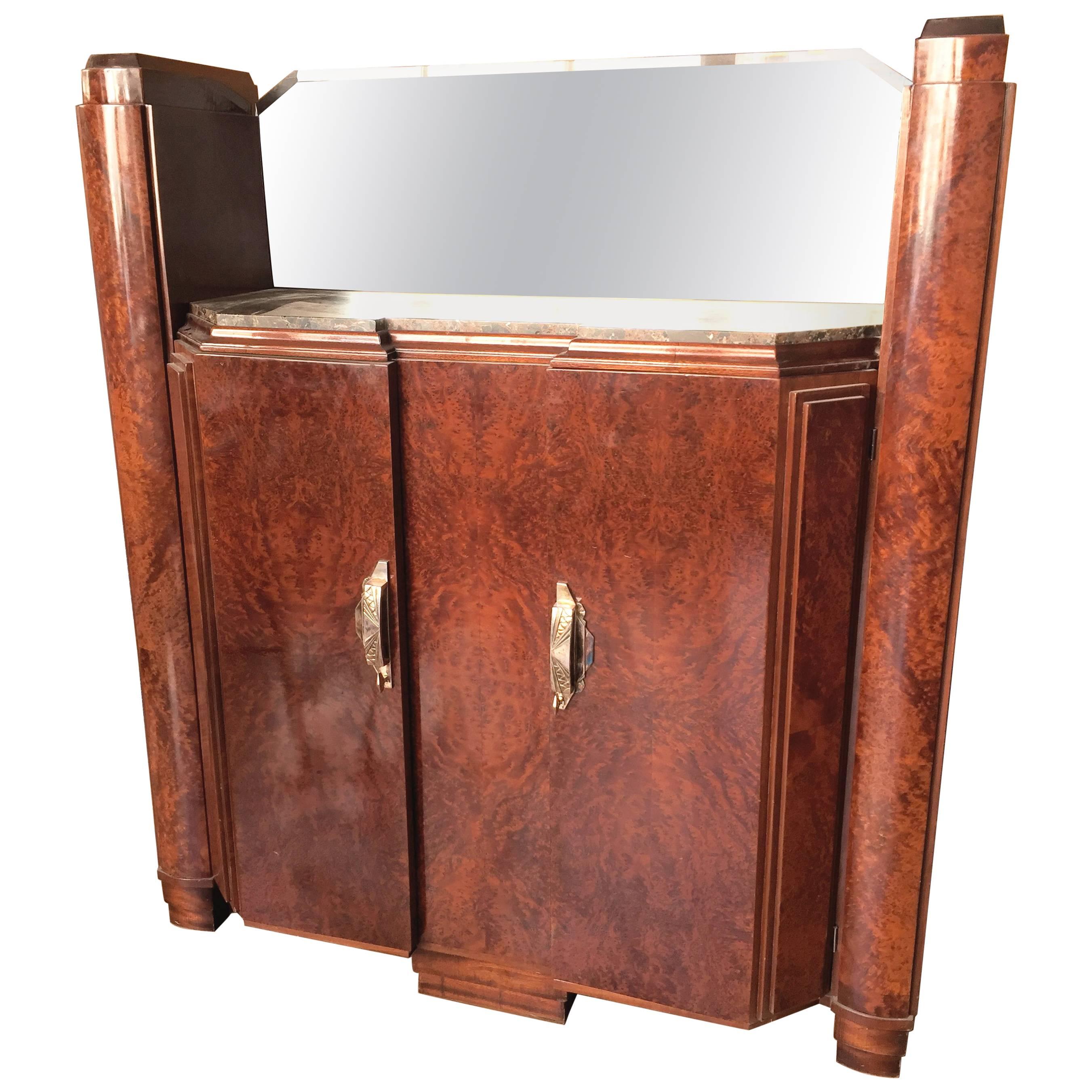 Rare French Art Deco Credenza with Marble Top and Mirror