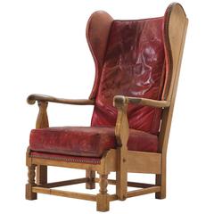 Danish Red Leather and Oak Wingback Chair