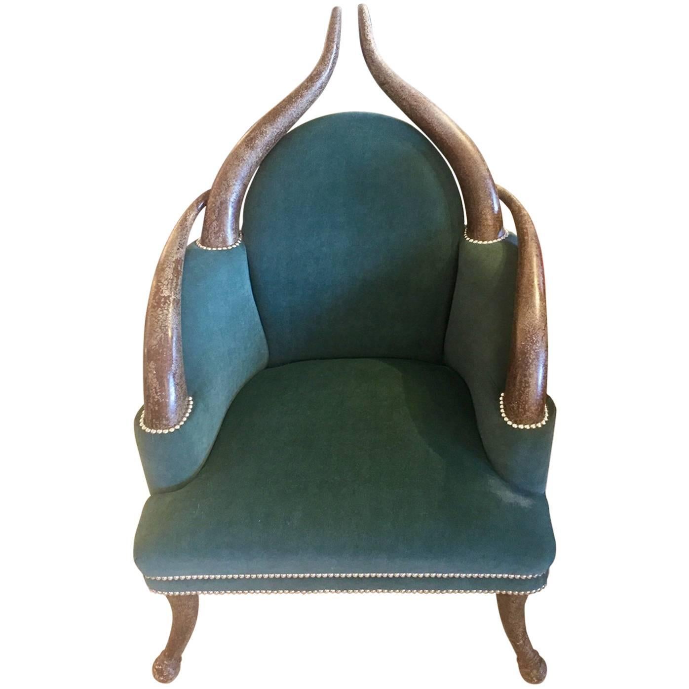 Striking Faux Horn Armchair with Teal Velvet Upholstery