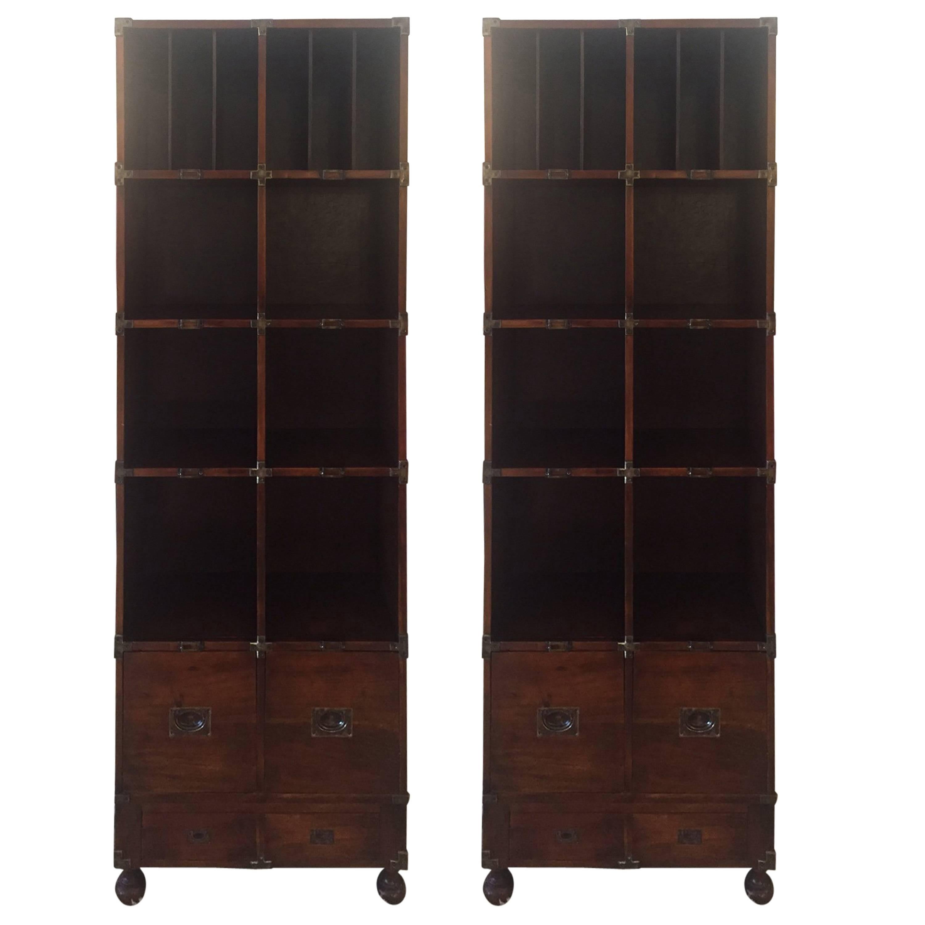 Pair of Theodore Alexander Campaign Style Leather Wrapped Bookshelves