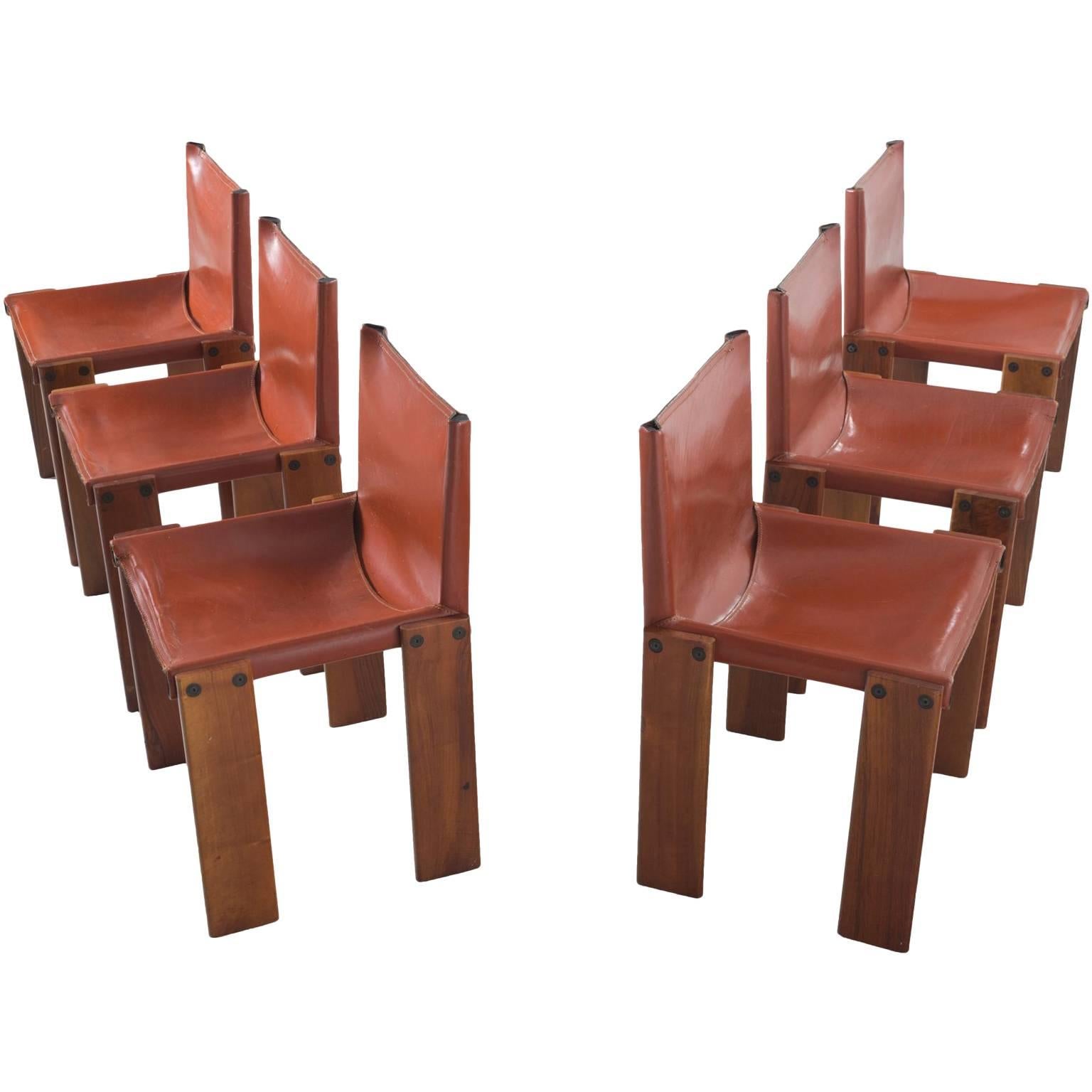 Scarpa Monk Chairs in Sienna Red Leather and Oak